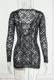 Black Sexy Solid Patchwork See-through V Neck Pencil Skirt Dresses