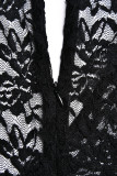 Black Sexy Solid Hollowed Out Patchwork See-through O Neck Skinny Jumpsuits(Three Pieces)