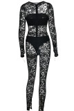 Black Sexy Solid Hollowed Out Patchwork See-through O Neck Skinny Jumpsuits(Three Pieces)
