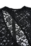 Black Sexy Solid Hollowed Out Patchwork See-through O Neck Skinny Jumpsuits(Three Pieces)