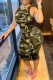 Army Green Casual Street Camouflage Print Letter O Neck One Step Skirt Dresses