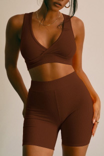 Coffee Sexy Sportswear Solid Patchwork V Neck Two Pieces