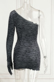 Black Sexy Print Hollowed Out Patchwork Asymmetrical Oblique Collar Pencil Skirt Dresses