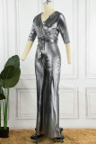 Silver Casual Solid Bandage Patchwork V Neck Straight Jumpsuits