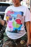 White Casual Street Print Patchwork O Neck T-Shirts