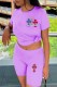 Purple Casual Print Patchwork O Neck Short Sleeve Two Pieces