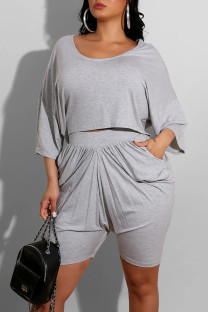 Grey Casual Solid Patchwork Fold O Neck Half Sleeve Two Pieces