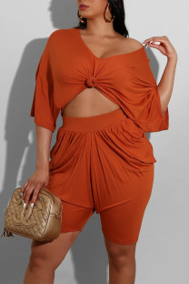 Tangerine Red Casual Solid Patchwork Fold O Neck Half Sleeve Two Pieces