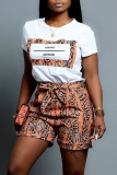 Tangerine Red Casual Street Print Patchwork O Neck Short Sleeve Two Pieces