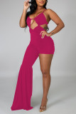 Rose Red Sexy Solid Hollowed Out Patchwork Backless Asymmetrical Straight Jumpsuits