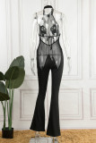 Black Sexy Solid Patchwork See-through Backless Halter Straight Jumpsuits