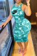 Sky Blue Street Camouflage Print Letter O Neck One Step Skirt Dresses