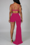 Rose Red Sexy Solid Hollowed Out Patchwork Backless Asymmetrical Straight Jumpsuits