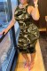 Army Green Street Camouflage Print Letter O Neck One Step Skirt Dresses