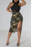 Grey Street Print Patchwork Pocket Slit High Waist Straight Full Print Bottoms
