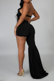 Black Sexy Solid Hollowed Out Patchwork Backless Asymmetrical Straight Jumpsuits