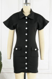 Black Casual Solid Patchwork Buckle Turndown Collar One Step Skirt Dresses