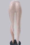 Skin Color Sexy Solid Bandage Patchwork See-through Beading Asymmetrical Straight Patchwork Bottoms