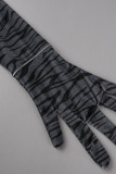 Black Sexy Print Hollowed Out Patchwork Asymmetrical Oblique Collar Pencil Skirt Dresses