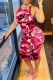 Red Street Camouflage Print Letter O Neck One Step Skirt Dresses