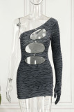 Black Sexy Print Hollowed Out Patchwork Asymmetrical Oblique Collar Pencil Skirt Dresses