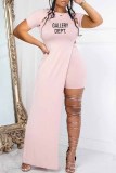 Pink Sexy Print Slit Letter O Neck Short Sleeve Two Pieces