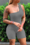 Red Fashion Sexy Solid Backless One Shoulder Skinny Romper