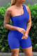 Blue Fashion Sexy Solid Backless One Shoulder Skinny Romper