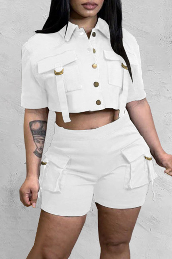 White Street Solid Patchwork Pocket Buckle Turndown Collar Short Sleeve Two Pieces
