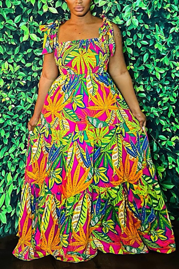Green Casual Vacation Floral Bandage Spaghetti Strap Printed Dress Dresses
