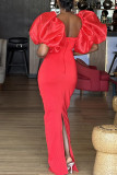Red Sexy Solid Hollowed Out Patchwork Fold Square Collar One Step Skirt Dresses