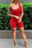 Red Fashion Sexy Solid Backless One Shoulder Skinny Romper