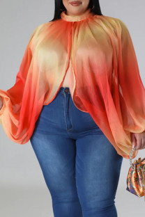 Orange Sexy Print Patchwork Asymmetrical Half A Turtleneck Plus Size Tops
