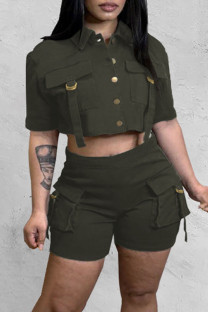 Army Green Street Solid Patchwork Pocket Buckle Turndown Collar Short Sleeve Two Pieces