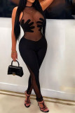 Black Sexy Solid Patchwork See-through Mesh O Neck Skinny Jumpsuits