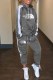 Grey Casual Letter Patchwork Hooded Collar Long Sleeve Two Pieces