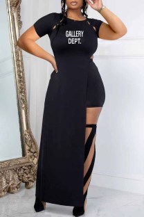 Black Sexy Print Slit Letter O Neck Short Sleeve Two Pieces