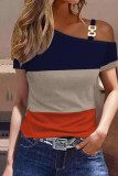 Orange Blue Casual Print Patchwork Oblique Collar T-Shirts