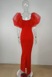 Red Sexy Solid Hollowed Out Patchwork Fold Square Collar One Step Skirt Dresses