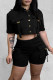 Black Street Solid Patchwork Pocket Buckle Turndown Collar Short Sleeve Two Pieces