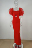 Red Sexy Solid Hollowed Out Patchwork Fold Square Collar One Step Skirt Dresses