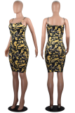 Yellow Street Camouflage Print Patchwork Spaghetti Strap Pencil Skirt Dresses