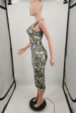 Rose Red Sexy Camouflage Print Patchwork U Neck Pencil Skirt Dresses