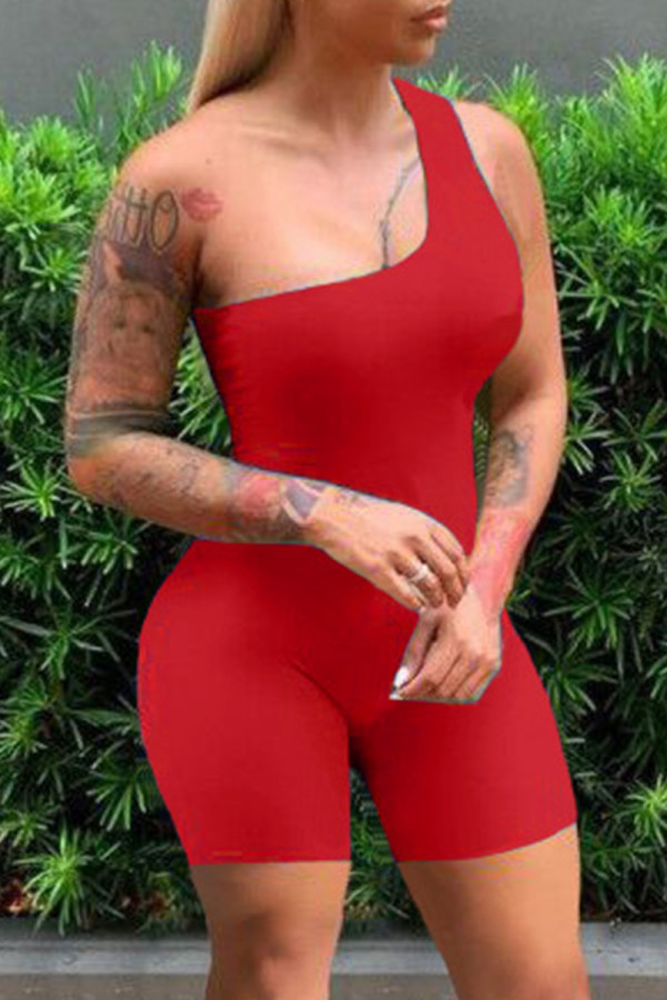 Red Fashion Sexy Solid Backless One Shoulder Skinny Romper