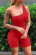 Red Fashion Sexy Solid Backless One Shoulder Skinny Romper