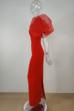 Red Sexy Solid Hollowed Out Patchwork Fold Square Collar One Step Skirt Dresses