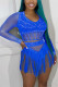 Blue Sexy Party Solid Tassel See-through Sequined Hot Drill V Neck Long Sleeve Two Pieces