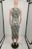 Camouflage Sexy Camouflage Print Patchwork U Neck Pencil Skirt Dresses