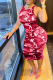 Rose Red Sexy Camouflage Print Patchwork U Neck Pencil Skirt Dresses