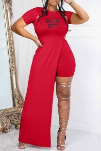 Red Sexy Print Slit Letter O Neck Short Sleeve Two Pieces